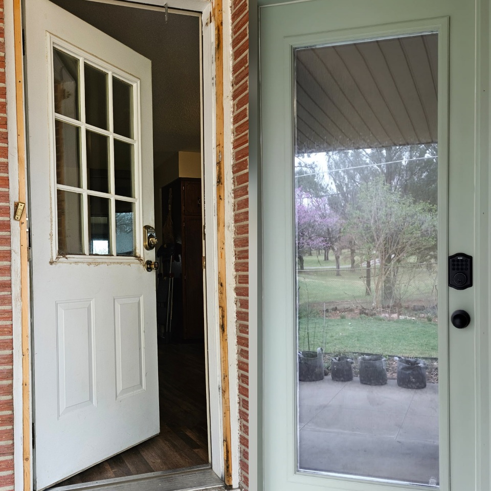 Before and after of a full pre-hung exterior door replacement by HSH Home Services in Seward.